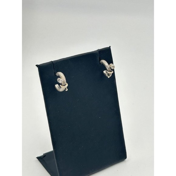 Tiny Half Hoop Earrings Sterling Silver Gold Wash Accents & CZ Stones Pierced - Picture 2 of 7